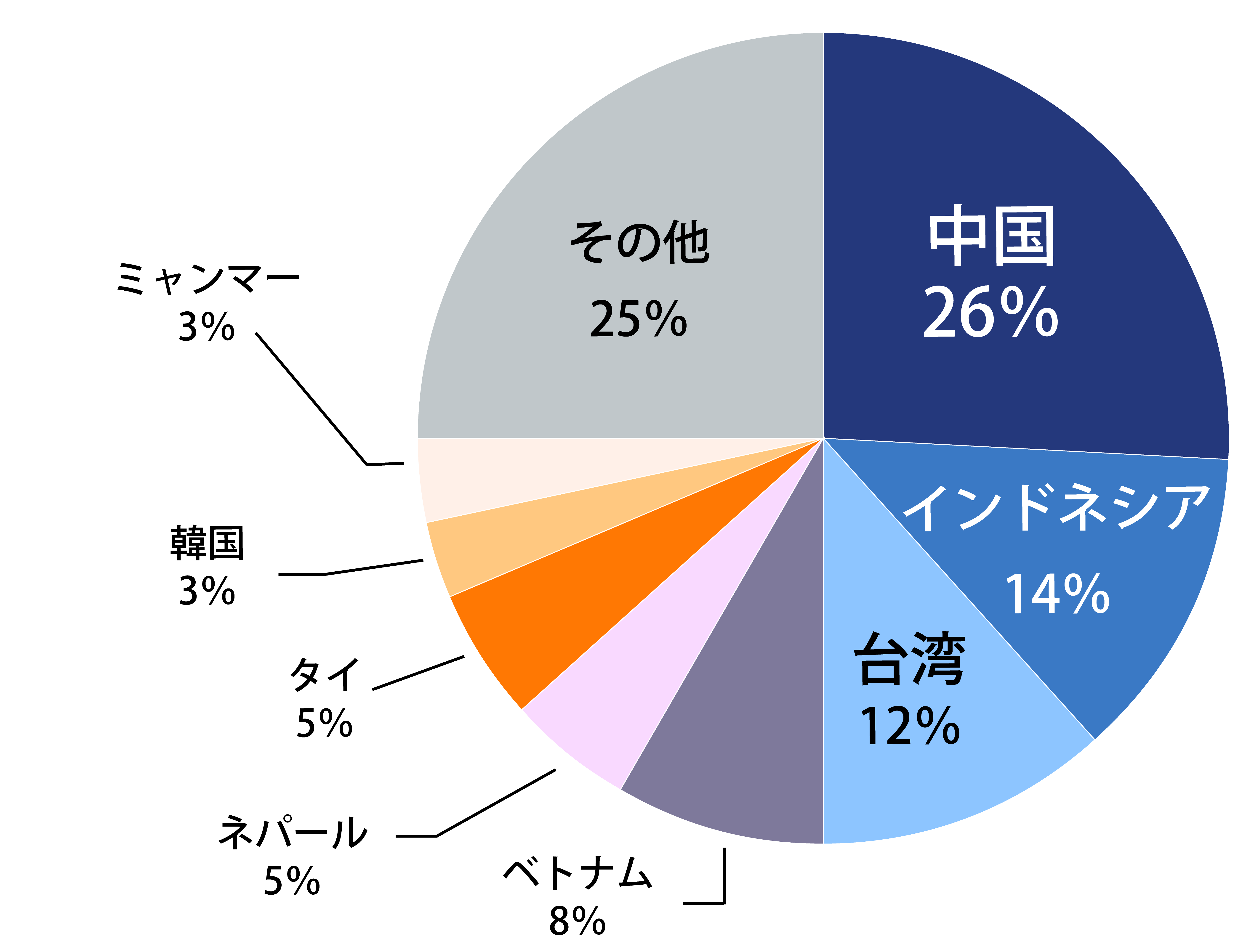 来場者の国籍について。中国26%、インドネシア14%、台湾12%、ベトナム8%、ネパール5%、タイ5%、韓国3%、ミャンマー
                        3%、その他25%