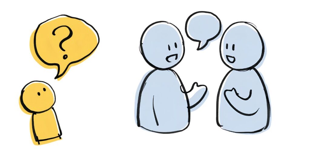 会話している二人と、クエスチョンマークがでている人