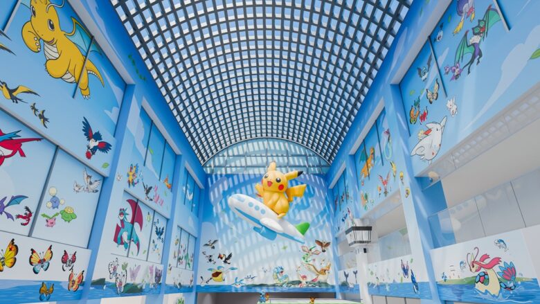 飛行機に乗ったピカチュウをメインに、壁一面のポケモンが描かれた空港