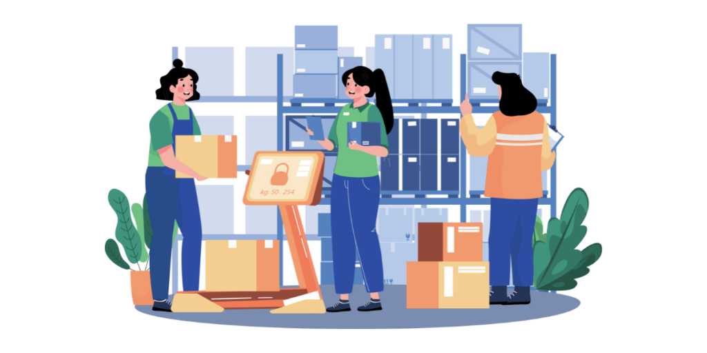 倉庫で荷物を運ぶ人たち