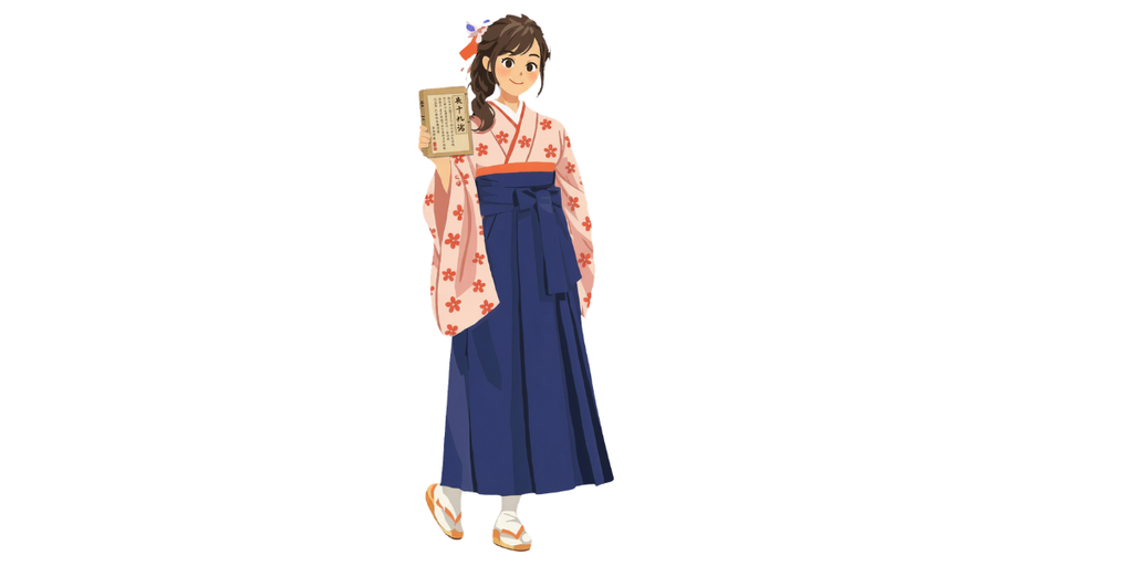 参考書を手にして立っている袴姿の女子学生
