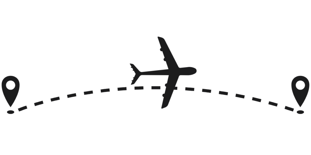 出発地点から到着地点まで飛んでいる飛行機のイラスト